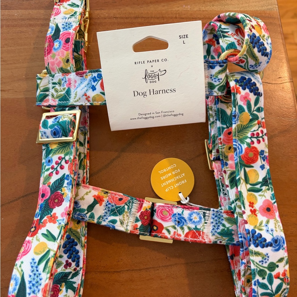 Rifle Paper Co. Floral Dog Harness White Base with Pink, Blue & Yellow Flowers L